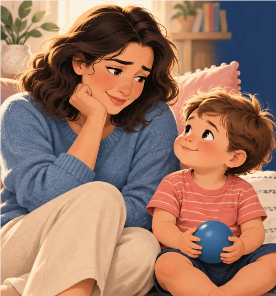Kanepenin önünde oturan anne, elinde mavi top tutan iki yaşındaki oğluna düşünceli ama umutlu bakıyor.